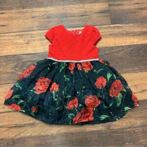 Nannette Kids Girl Elegant Formal Dress Size 24M, Red And Black Flower Print
